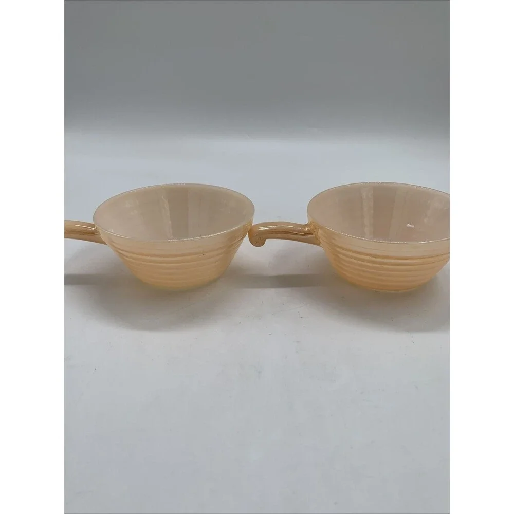4 Vtg. Anchor Hocking Fire King Ware Peach Luster Beehive Handled Soup Bowl 14